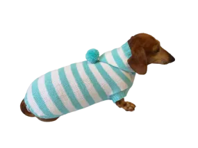 Knitted dachshund sweater with striped hood and pompom, hoodie for dachshund