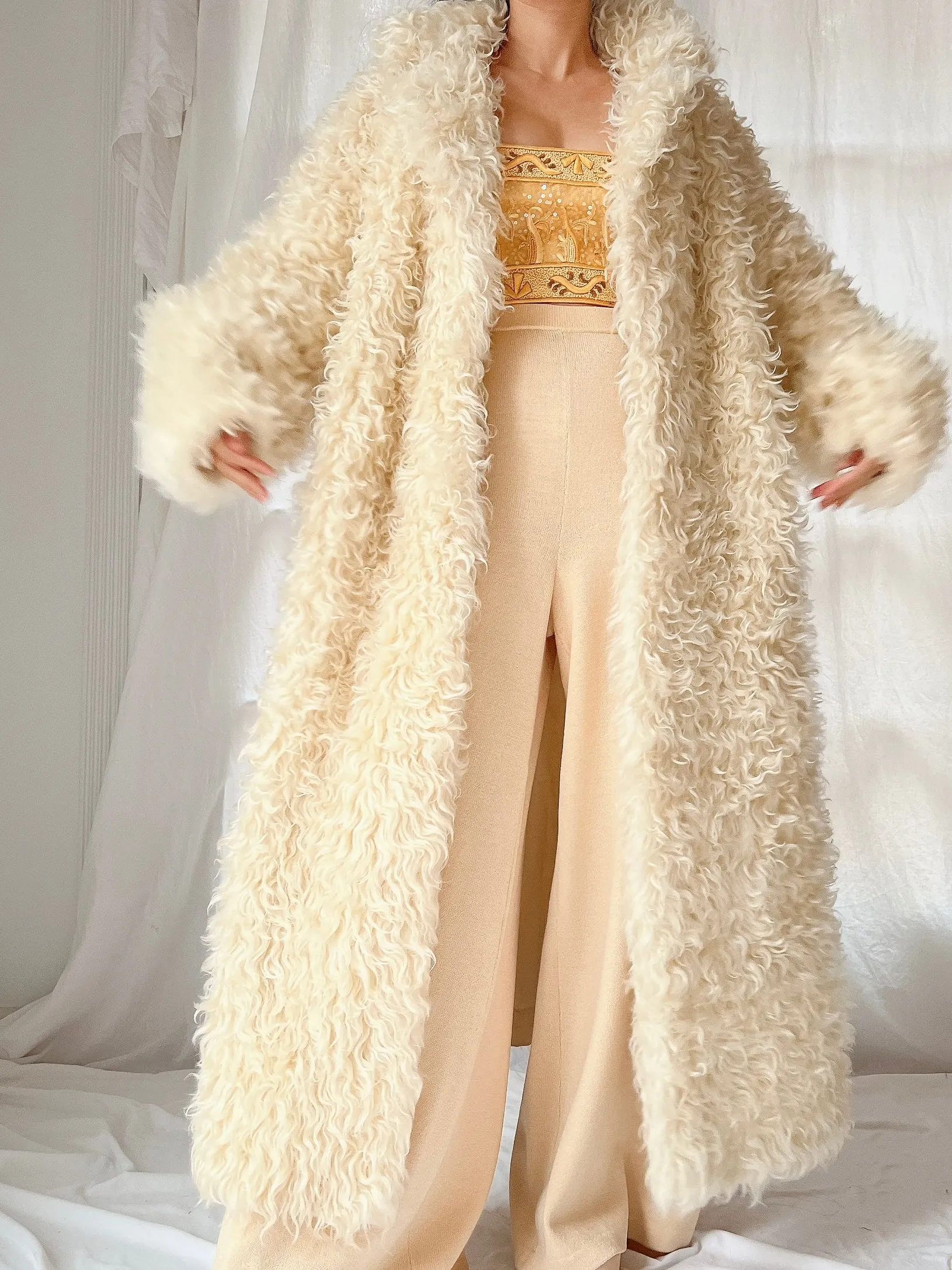 1970s Curly Wool Long Coat - M