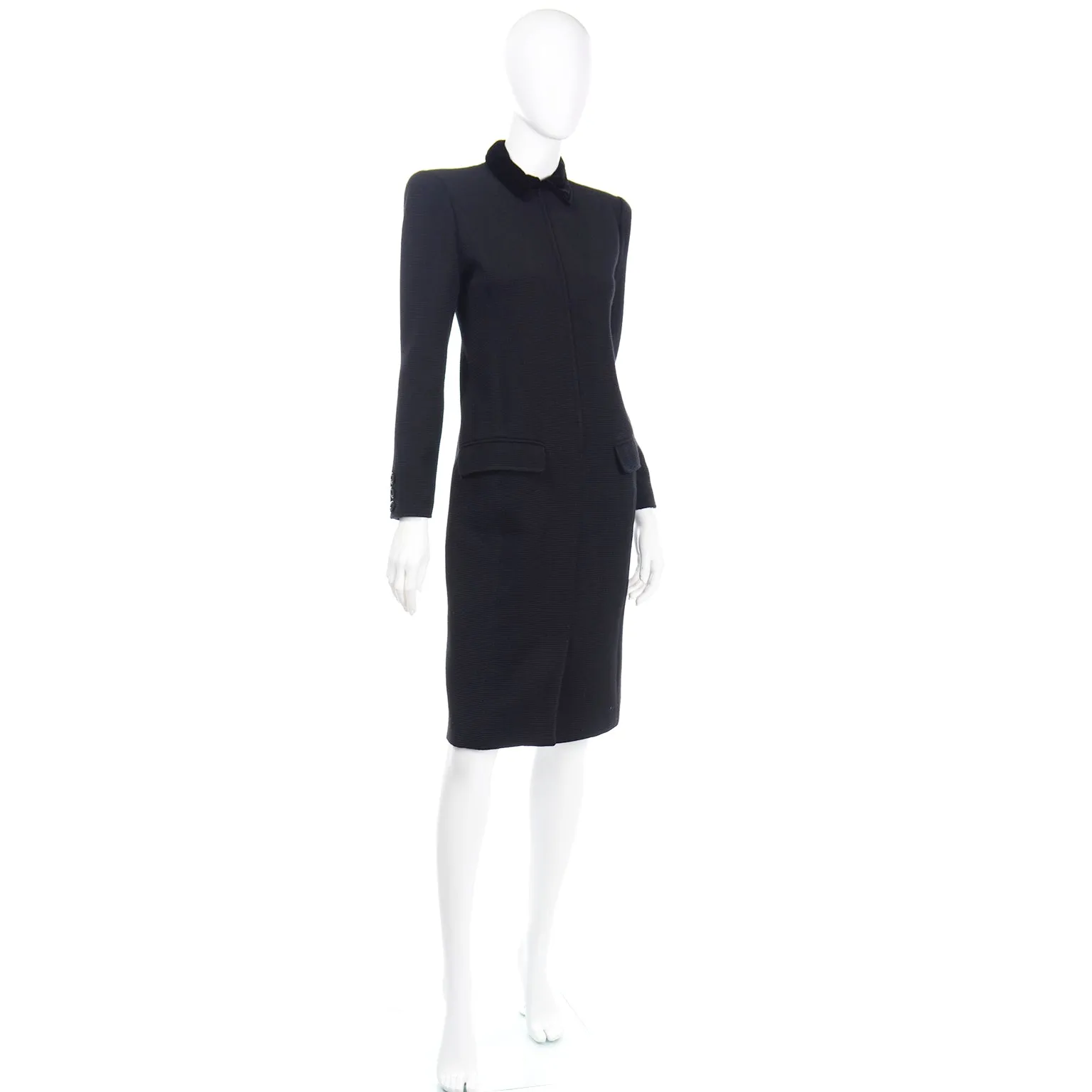 1980s Valentino Boutique Vintage Black Ribbed Dress w Velvet Collar