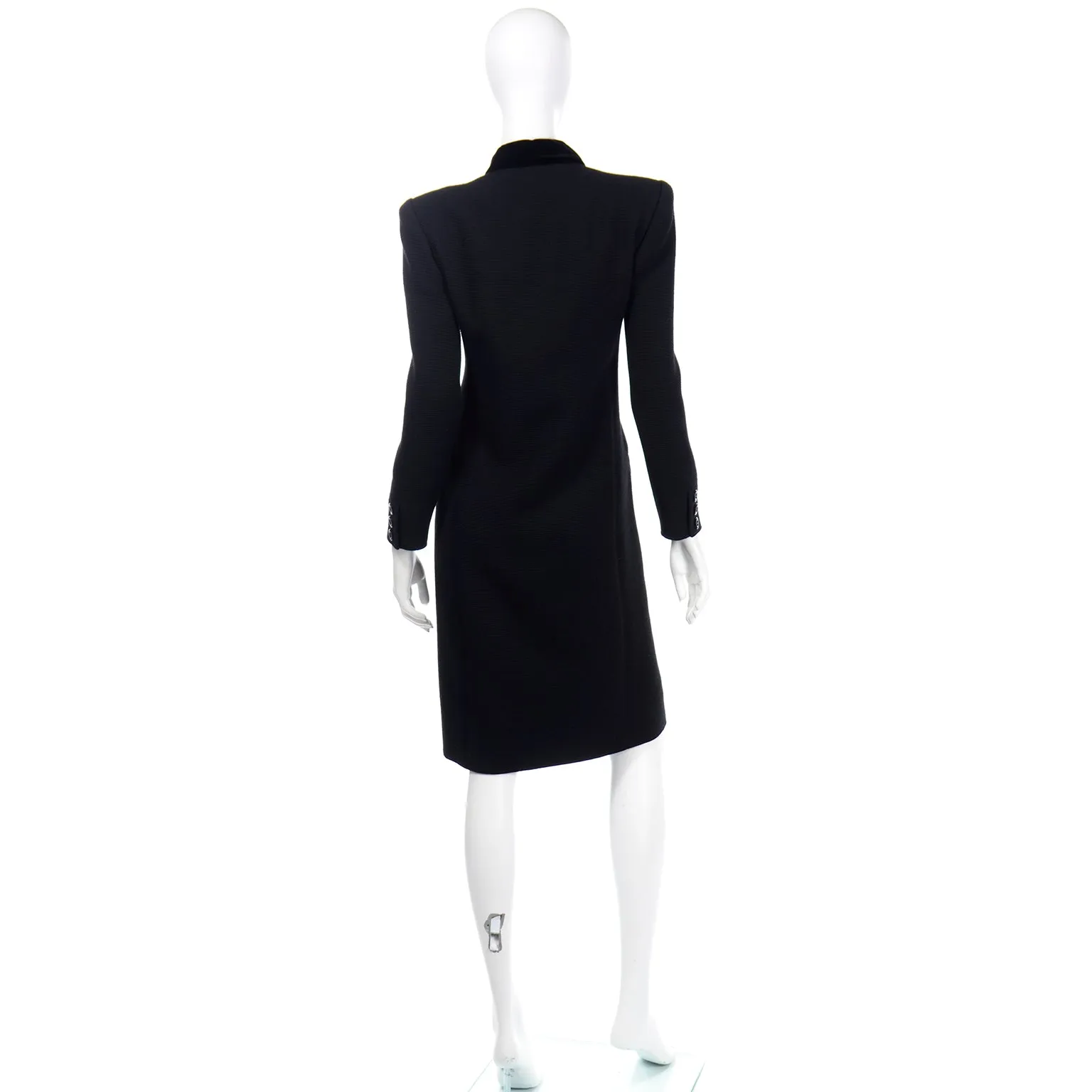 1980s Valentino Boutique Vintage Black Ribbed Dress w Velvet Collar