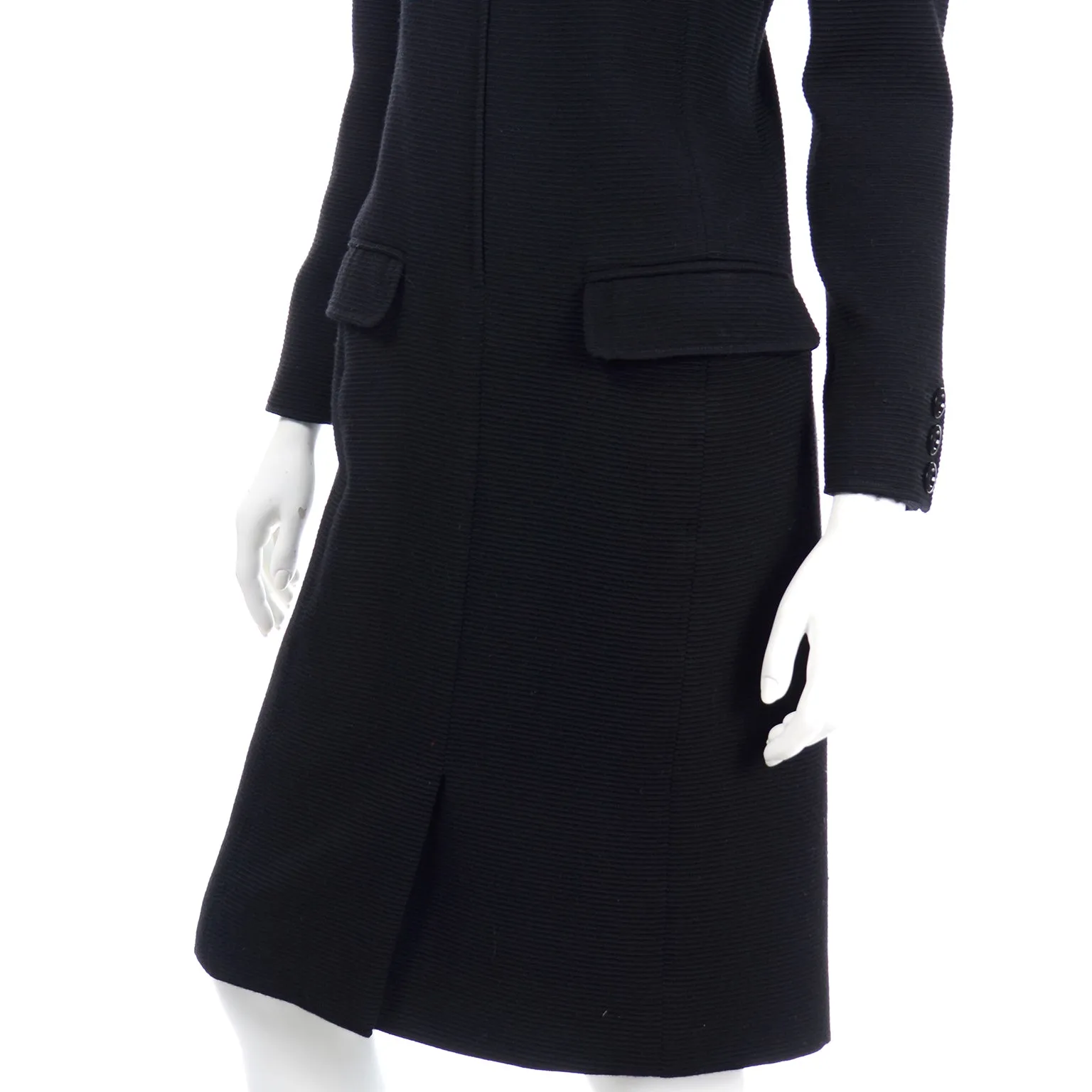 1980s Valentino Boutique Vintage Black Ribbed Dress w Velvet Collar