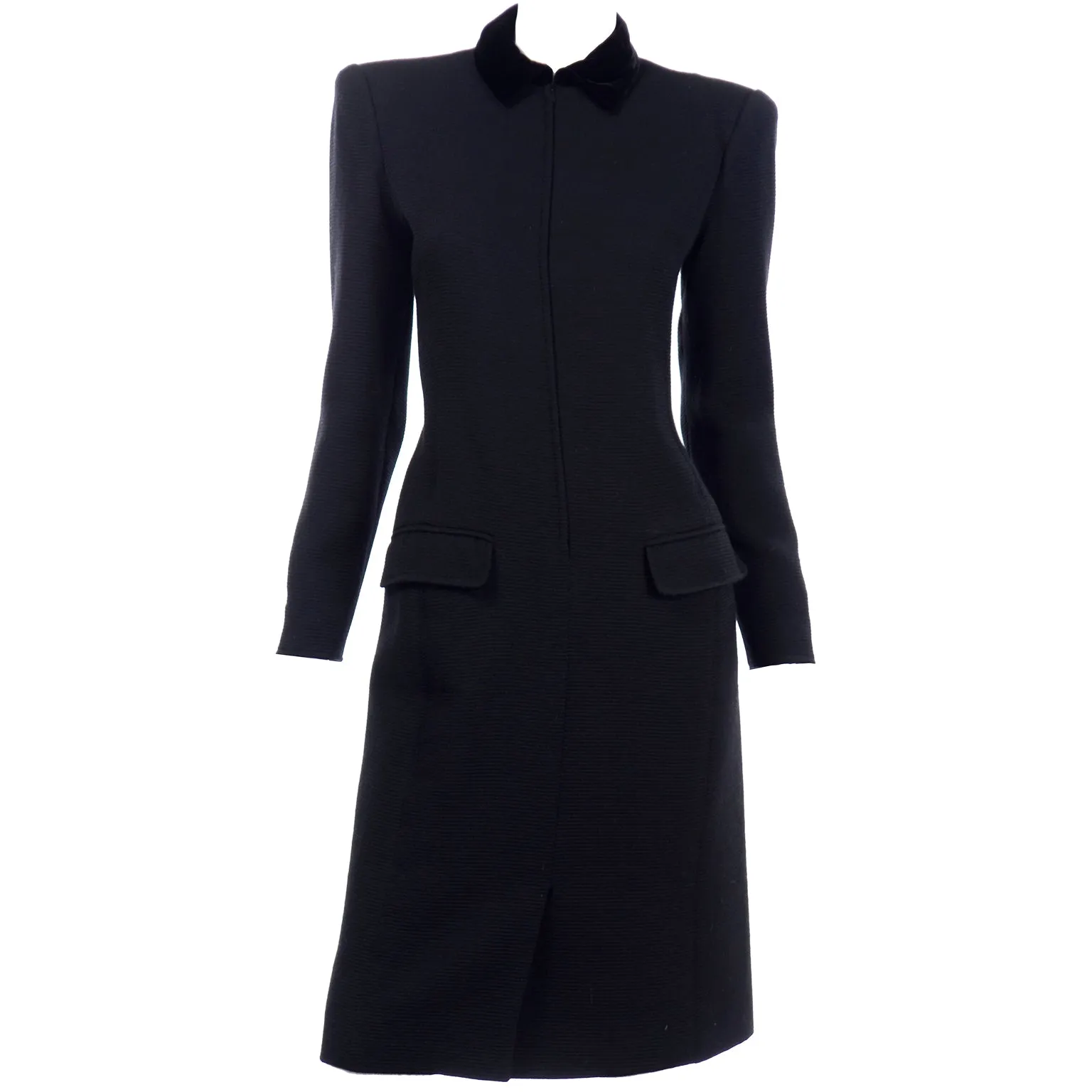 1980s Valentino Boutique Vintage Black Ribbed Dress w Velvet Collar