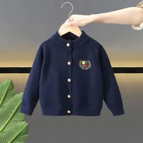 2024 Spring and Autumn Boys Solid Color Cardigan Embroidered V-neck Long Sleeve Button Sweater Top Coat 1-7 Years Old