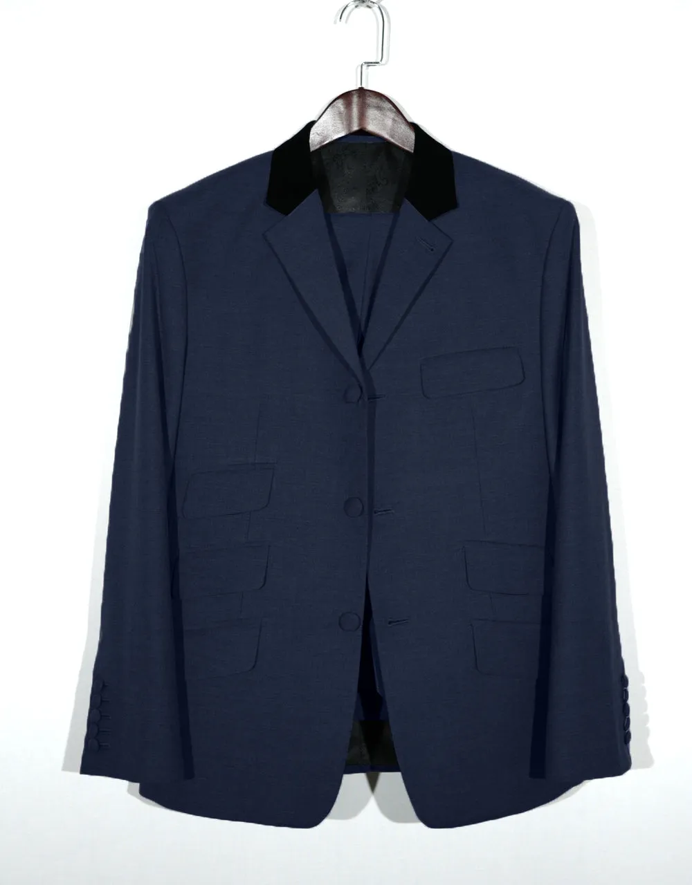 3 Piece Suit - 60 Style Dark Navy Blue Black Velvet Suit