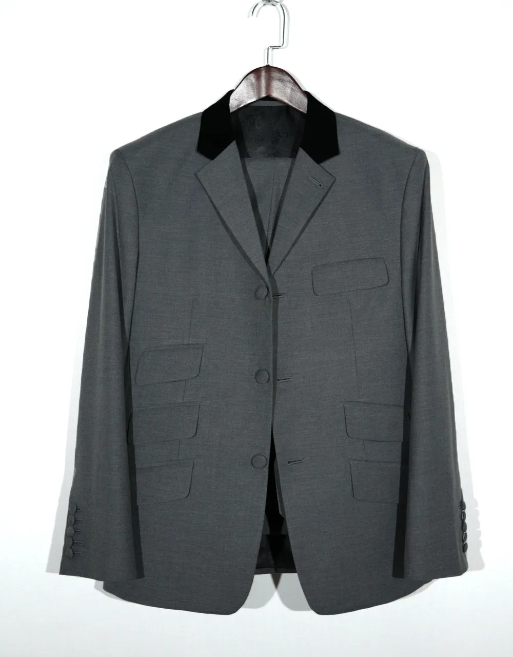 3 Piece Suit - 60 Style Medium Grey Black Velvet Suit