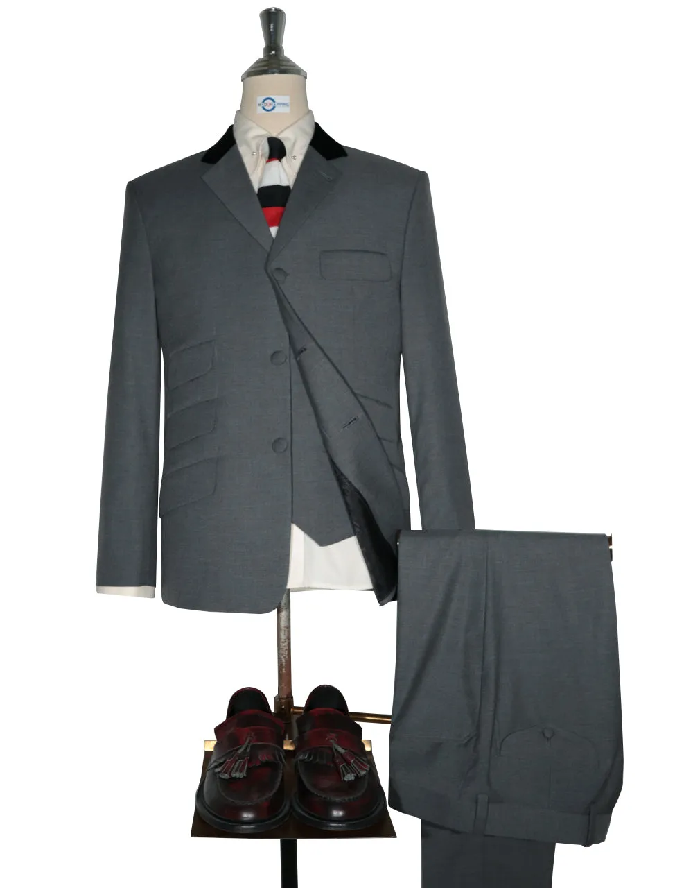 3 Piece Suit - 60 Style Medium Grey Black Velvet Suit