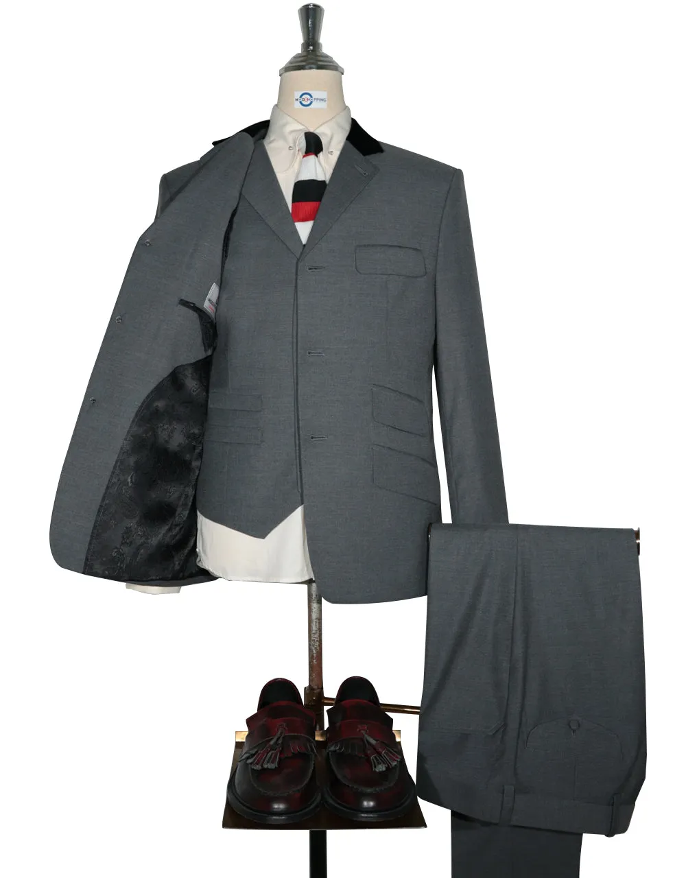 3 Piece Suit - 60 Style Medium Grey Black Velvet Suit