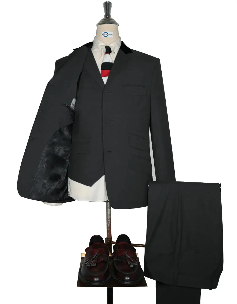 3 Piece Suit - Vintage Style Charcoal Grey Black Velvet Suit