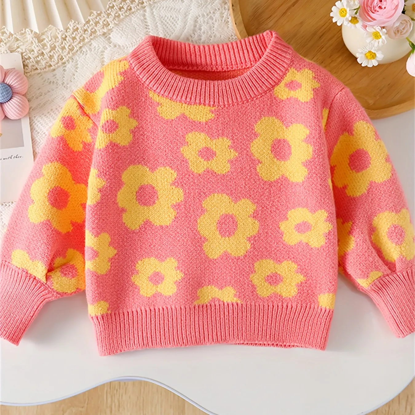 Adorable Cartoon Flower Pattern Cable Knit Long Sleeve Sweater - Soft, Cozy, and Warm Toddler & Infant Girl's Clothing for Fall and Winter Seasons - Sweet and Stylish Gift Idea for Little Princesses