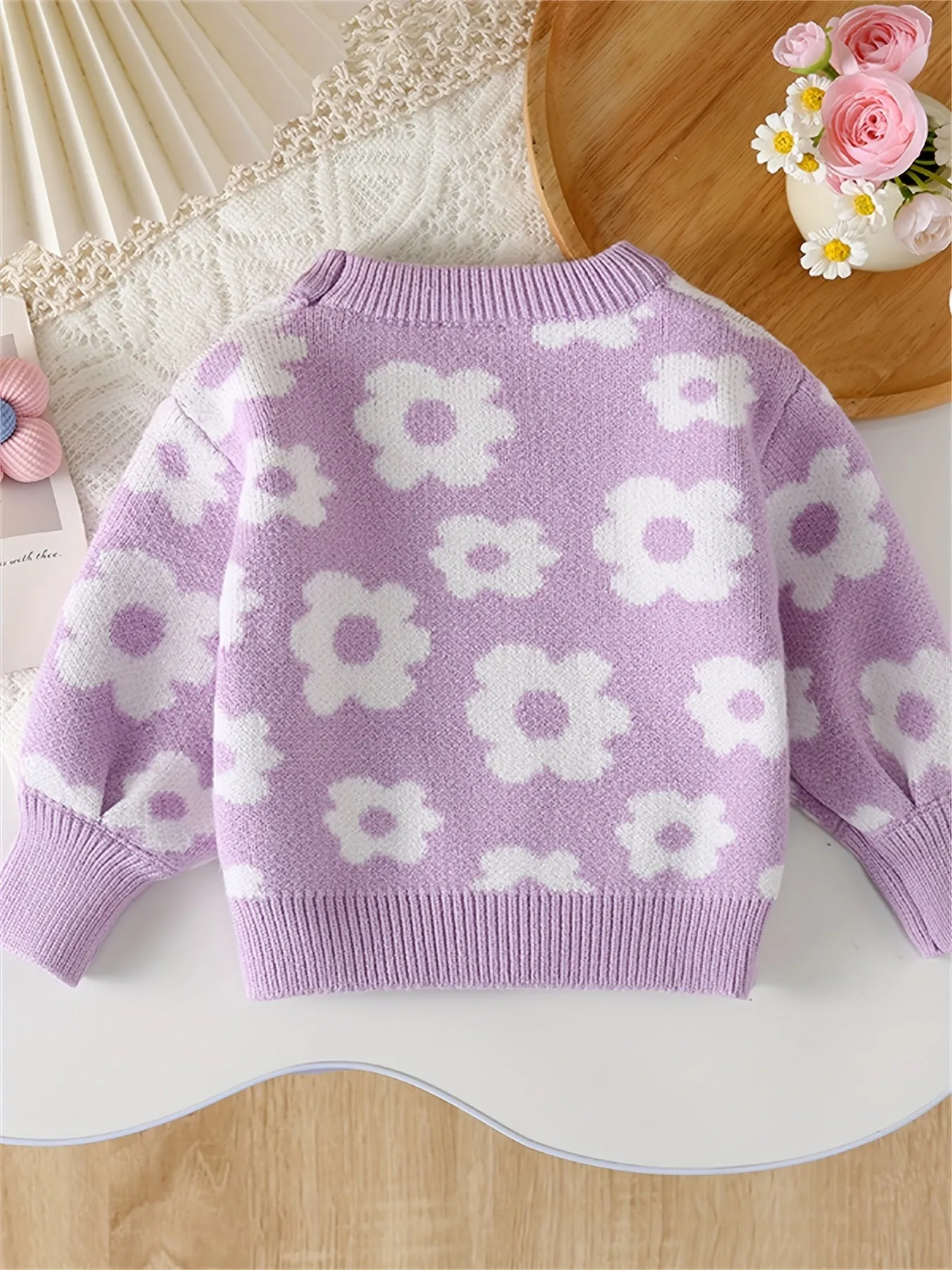 Adorable Cartoon Flower Pattern Cable Knit Long Sleeve Sweater - Soft, Cozy, and Warm Toddler & Infant Girl's Clothing for Fall and Winter Seasons - Sweet and Stylish Gift Idea for Little Princesses