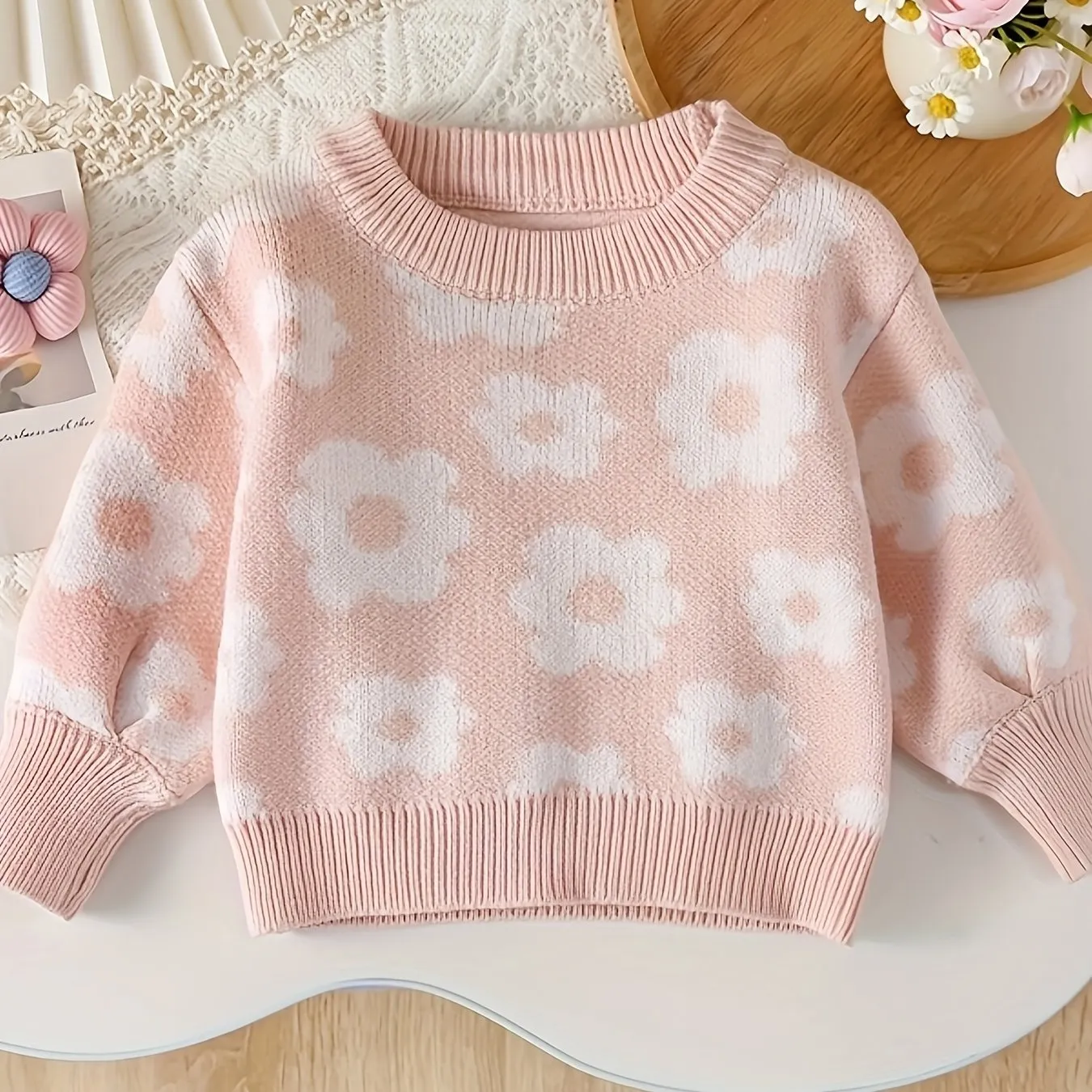 Adorable Cartoon Flower Pattern Cable Knit Long Sleeve Sweater - Soft, Cozy, and Warm Toddler & Infant Girl's Clothing for Fall and Winter Seasons - Sweet and Stylish Gift Idea for Little Princesses