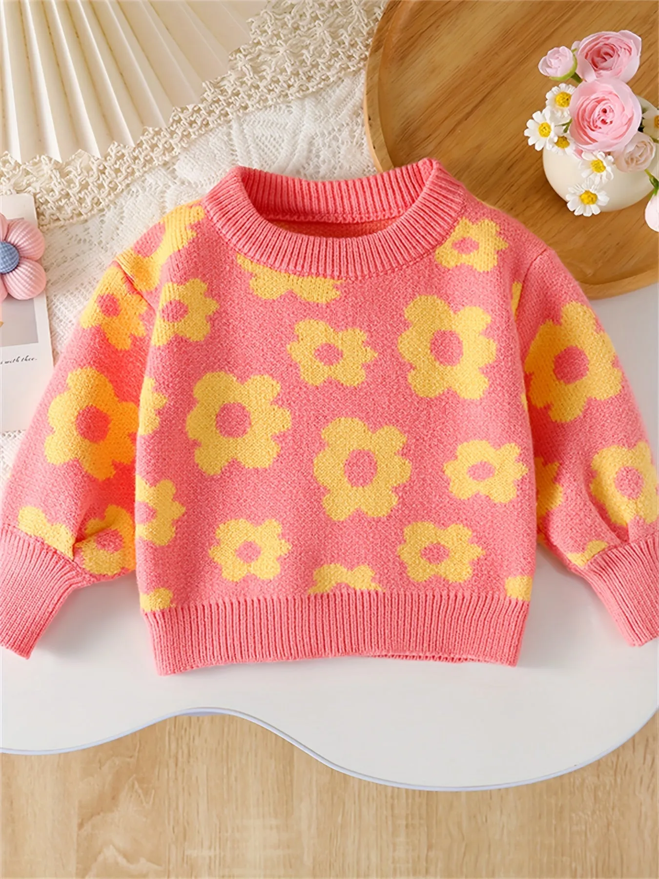 Adorable Cartoon Flower Pattern Cable Knit Long Sleeve Sweater - Soft, Cozy, and Warm Toddler & Infant Girl's Clothing for Fall and Winter Seasons - Sweet and Stylish Gift Idea for Little Princesses