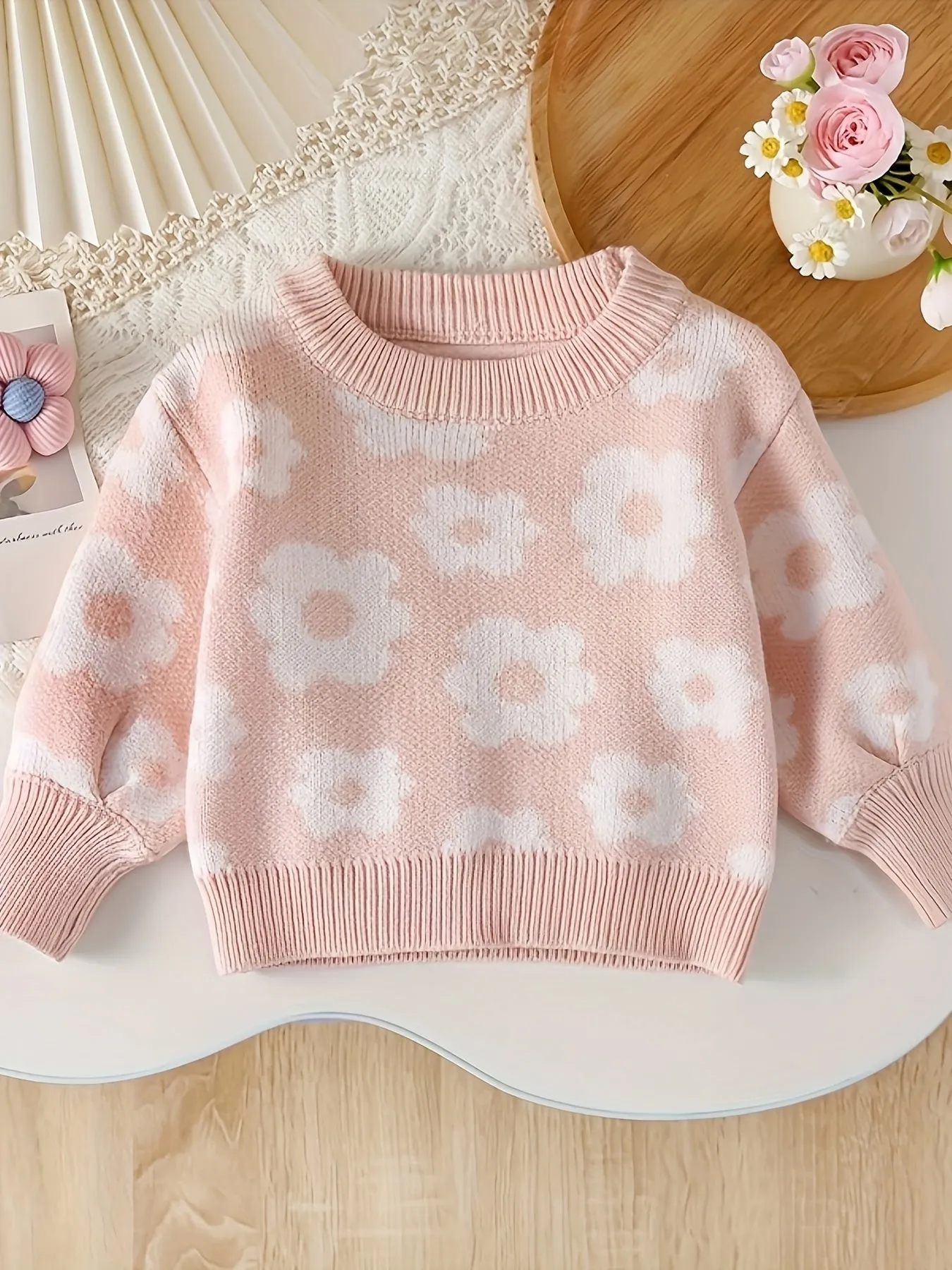 Adorable Cartoon Flower Pattern Cable Knit Long Sleeve Sweater - Soft, Cozy, and Warm Toddler & Infant Girl's Clothing for Fall and Winter Seasons - Sweet and Stylish Gift Idea for Little Princesses