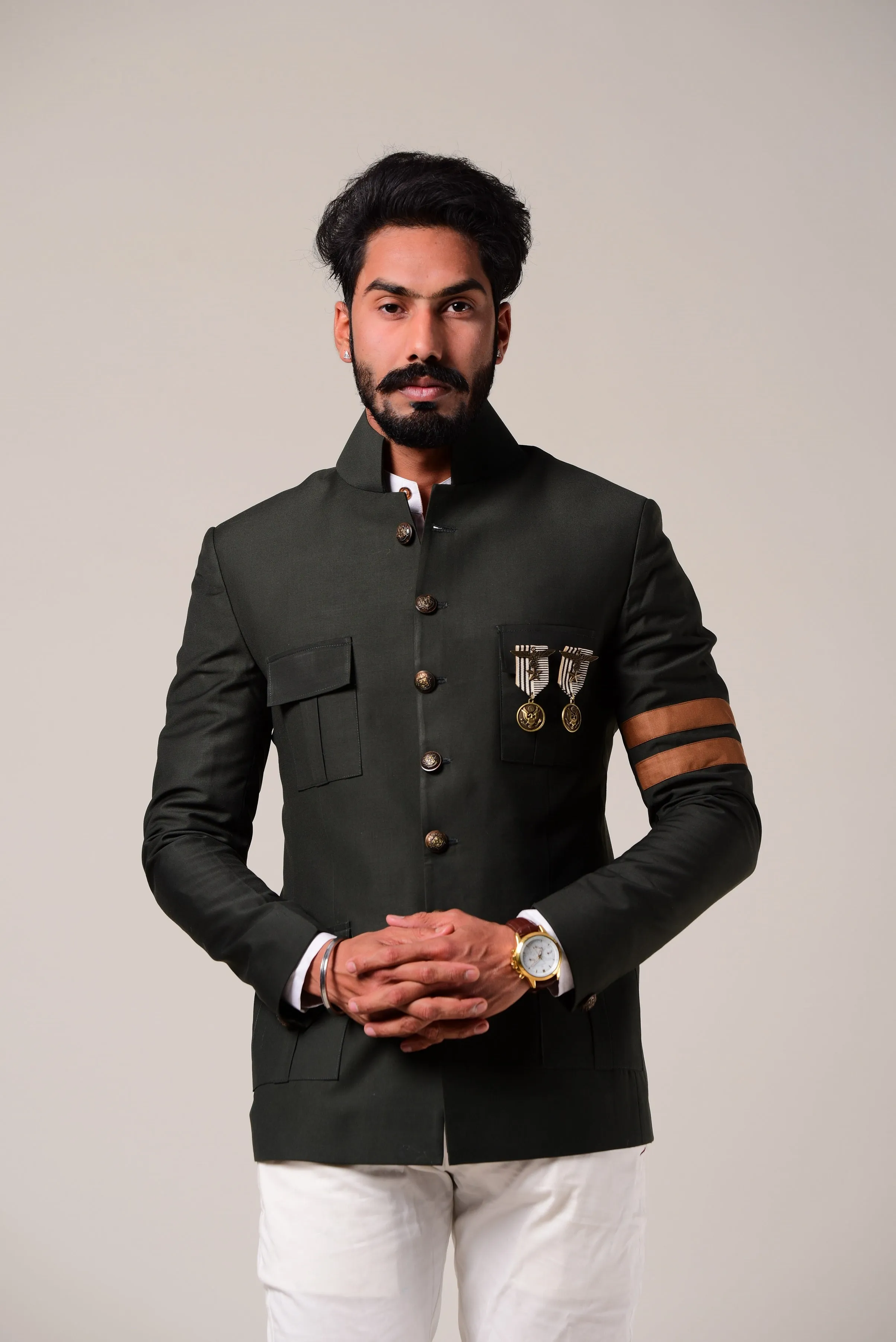 Aesthetic Battle Green Four Pocket Jodhpuri Bandhgala Jacket with Stripes Details |White Trouser| Perfect for Functional wear, Wedding wear |