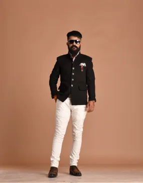 Aesthetic Black Suede Leather Jodhpuri Bandhgala with White Trouser | Party Wear for Open and Daylight Functions