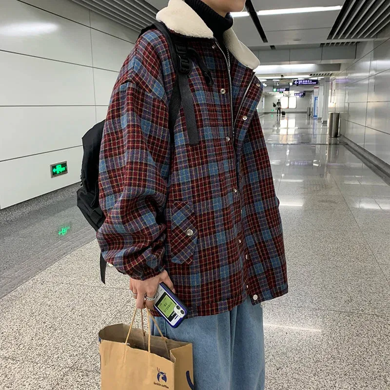 Aidase Autumn Winter Plaid Woolen Coat Men Fashion Lamb Wool Collar Woolen Jacket Men Loose Casual Short Woolen Coat Mens Overcoat