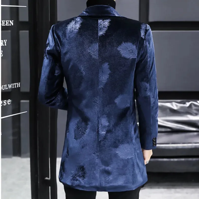 Aidase Royal Blue Print Velvet Warm Coat Designer Men Winter Wool Blends Jacket Men Trendy Slim Fit Long Winter Jacket And Coat For Men