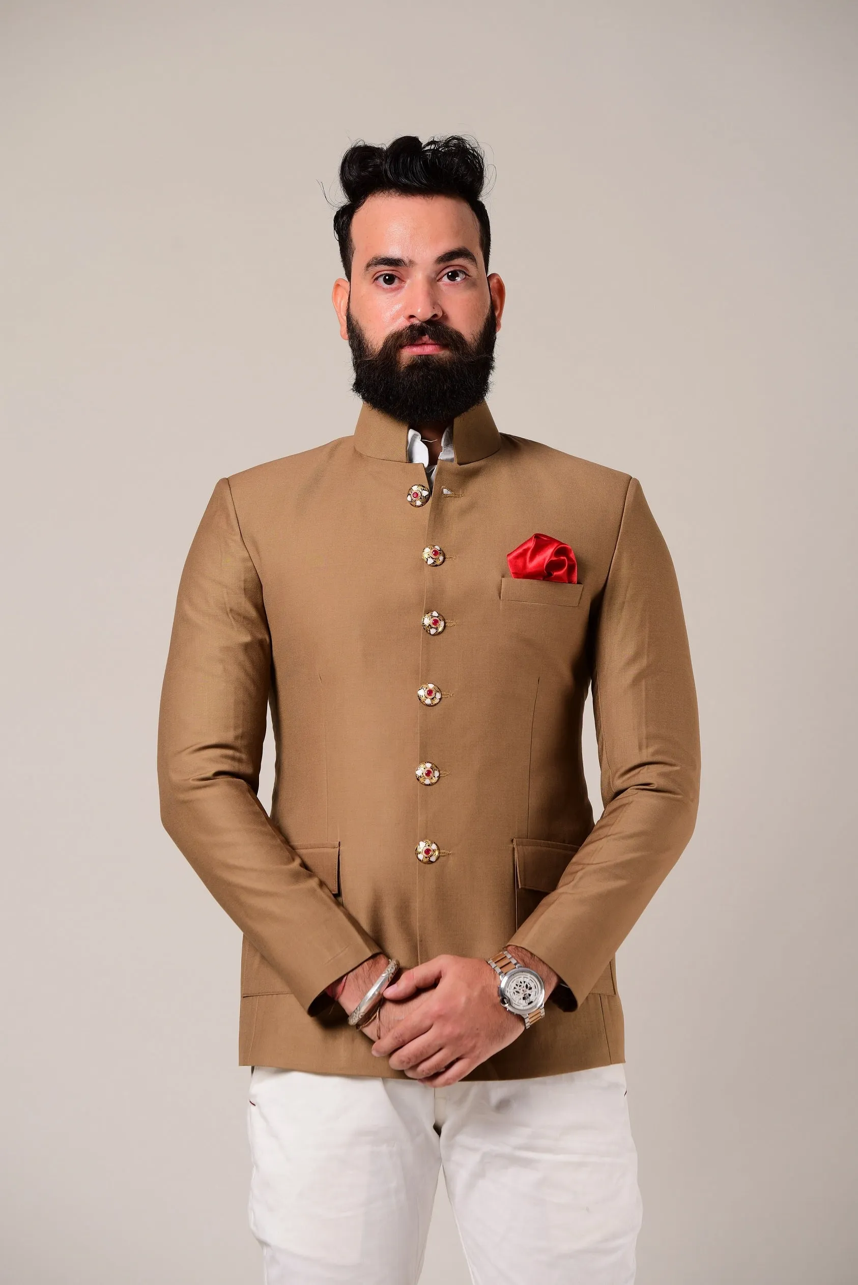 Alluring Camel Brown Jodhpuri Bandhgala with White Trouser |Terry Rayon| Perfect for Formal Party Wear for Open and Daylight Functions | Youth Inspired