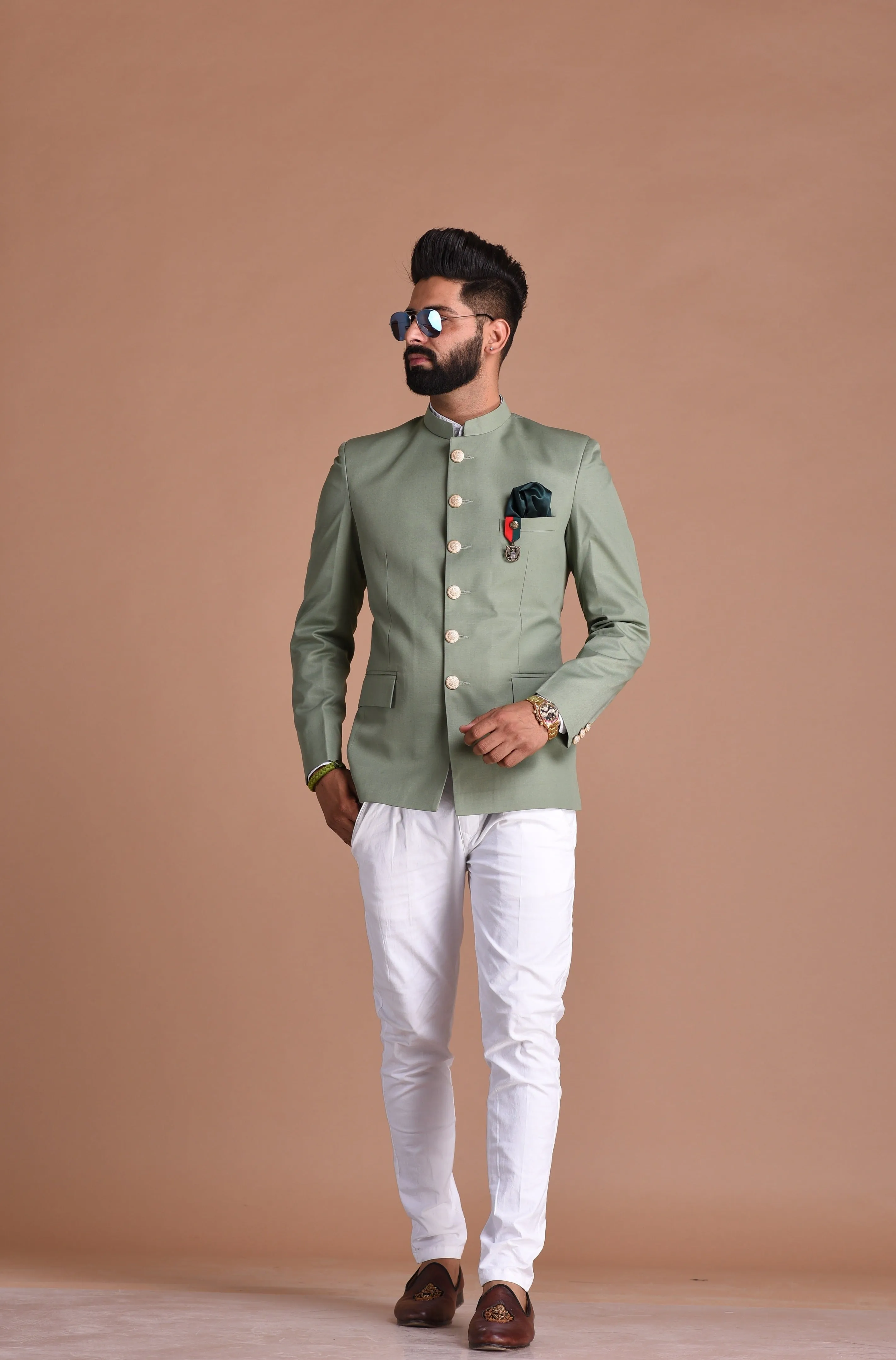 Alluring Moss Green Designer Jodhpuri Bandhgala with White Trouser | Wedding Functions | Perfect for formal Party Wear