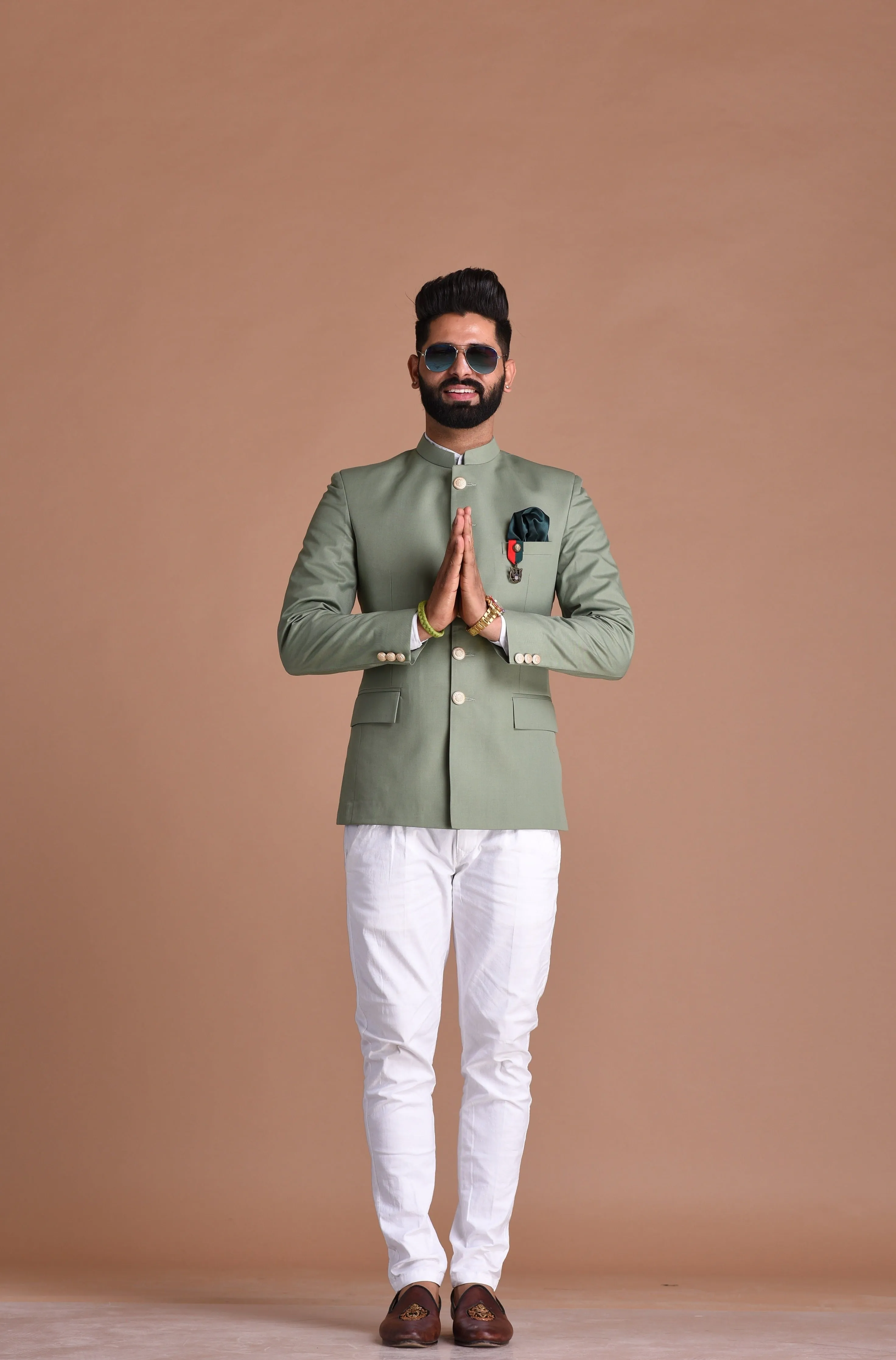 Alluring Moss Green Designer Jodhpuri Bandhgala with White Trouser | Wedding Functions | Perfect for formal Party Wear