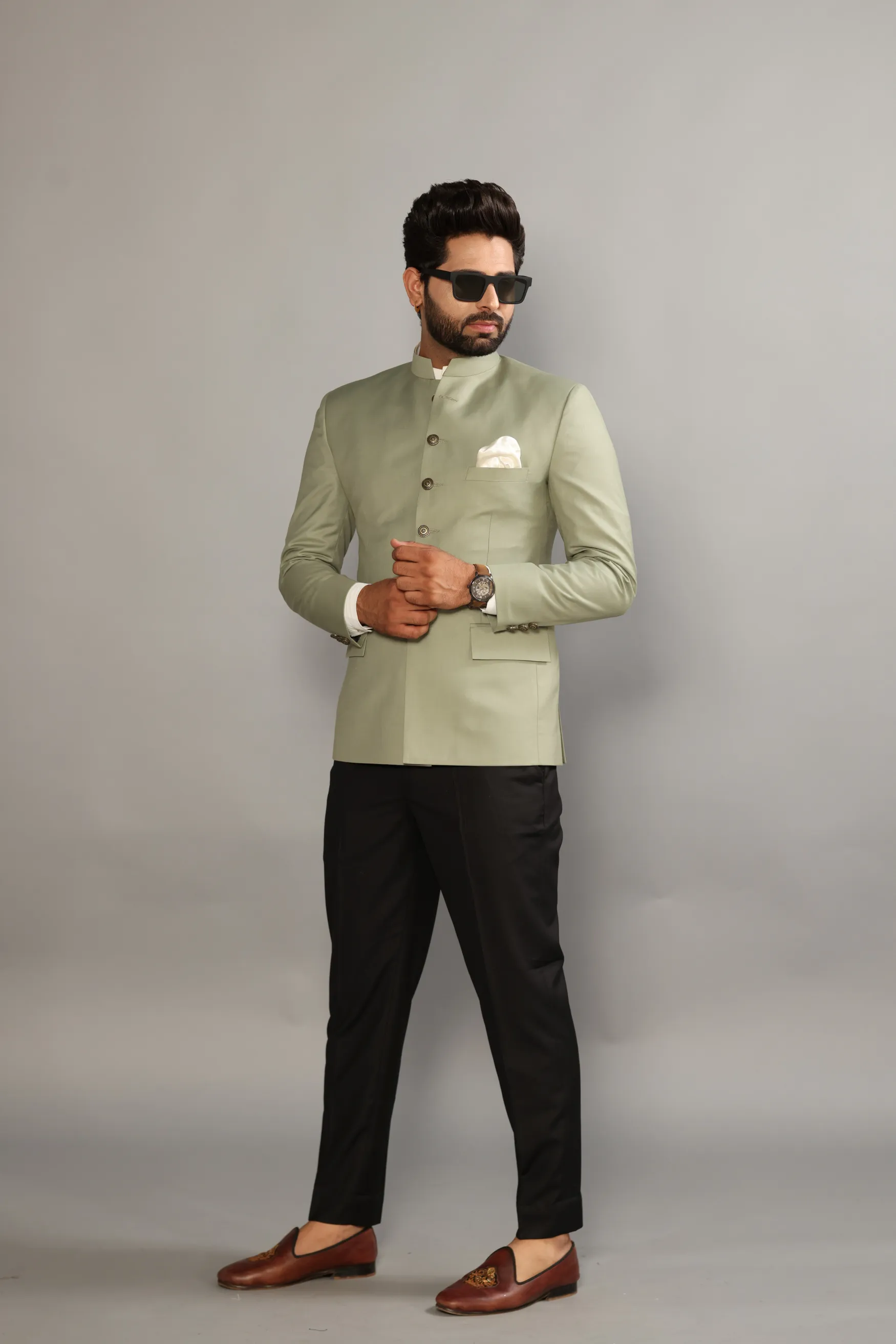 Alluring Moss Green Royal Jodhpuri Bandhgala with Black Trouser | Perfect for Formal Events , Weddings, Formal Party | Free Personalization|