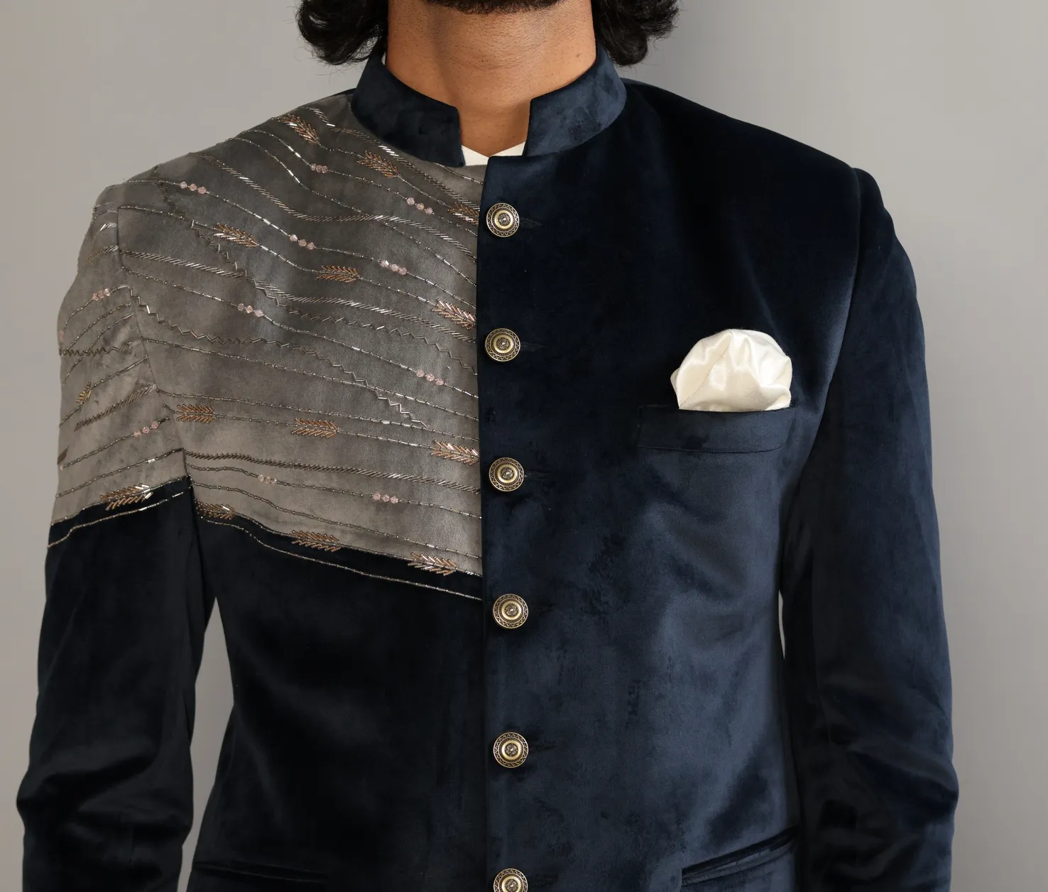 Alluring Navy Blue- Grey Silky Smooth Velvet with Beautiful Aariwork Jodhpuri Bandhgala for Men | White Trouser| Hand Embroidered| For Wedding, Reception, Sangeet, Engagement