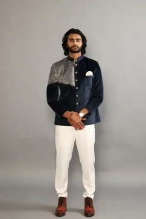 Alluring Navy Blue- Grey Silky Smooth Velvet with Beautiful Aariwork Jodhpuri Bandhgala for Men | White Trouser| Hand Embroidered| For Wedding, Reception, Sangeet, Engagement