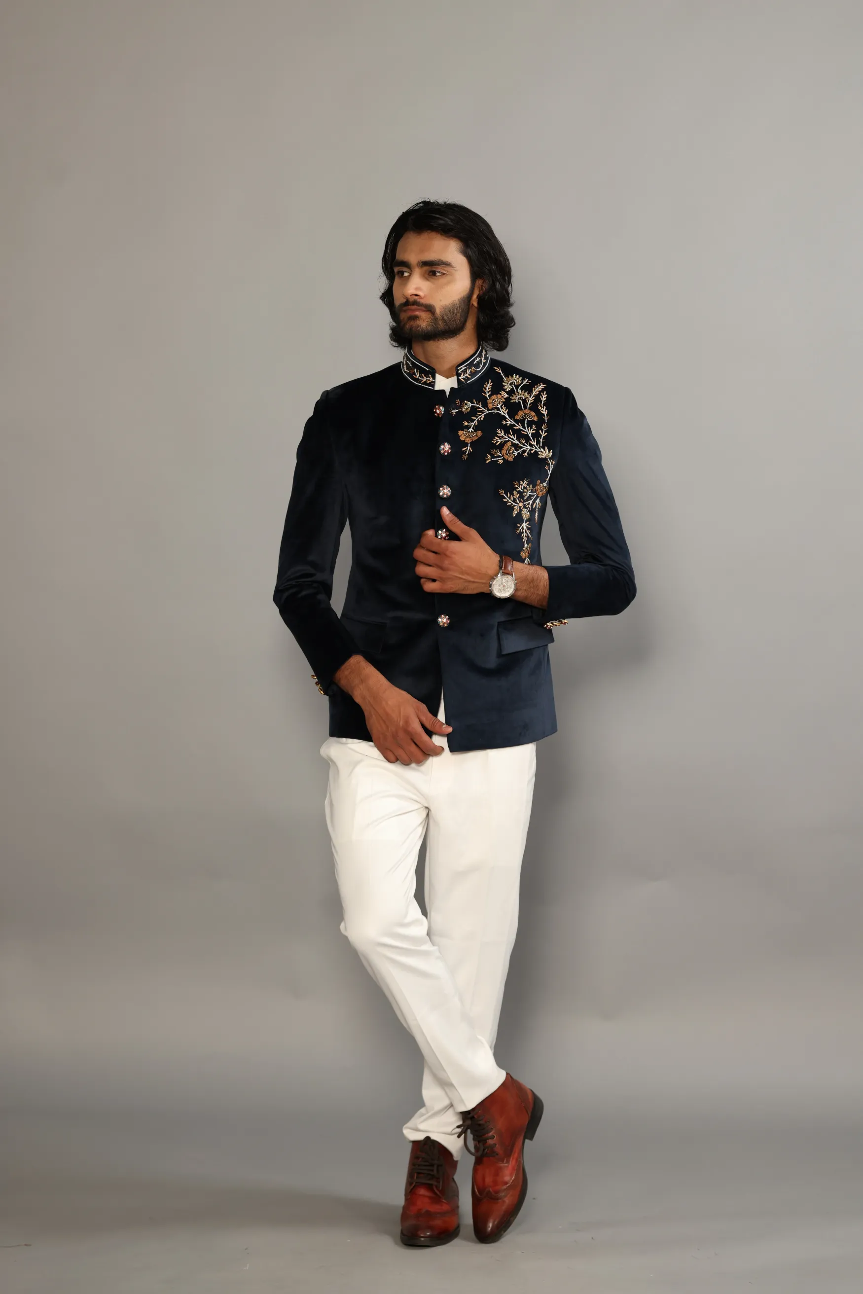 Alluring Navy Hand Embroidered Floral Motif Jodhpuri Bandhgala with White Trouser |Hand-Enameled Buttons | Indo Western Antique Classic Work|