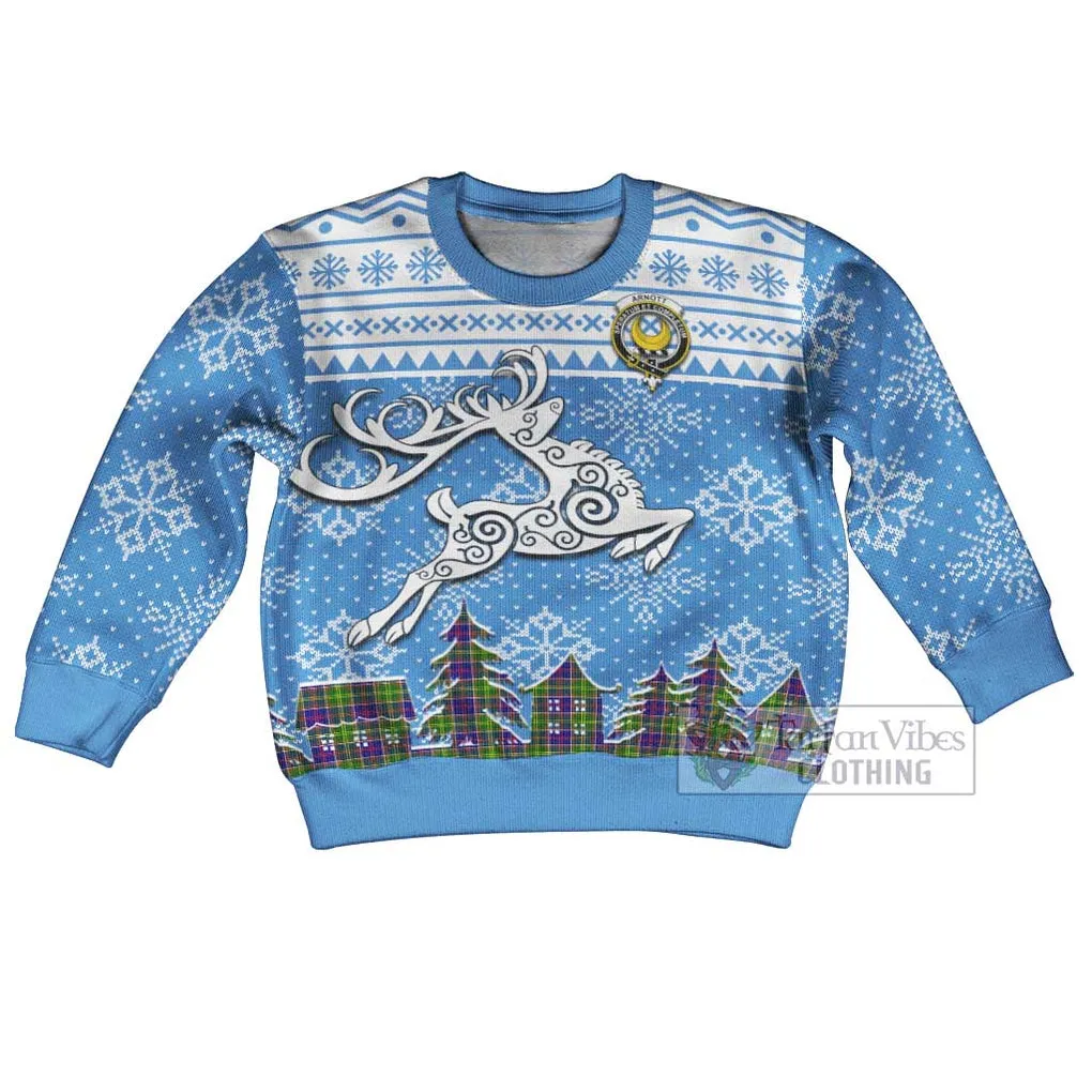 Arnott Clan Christmas Kid Ugly Sweater with Tartan and Celtic Reindeer Style