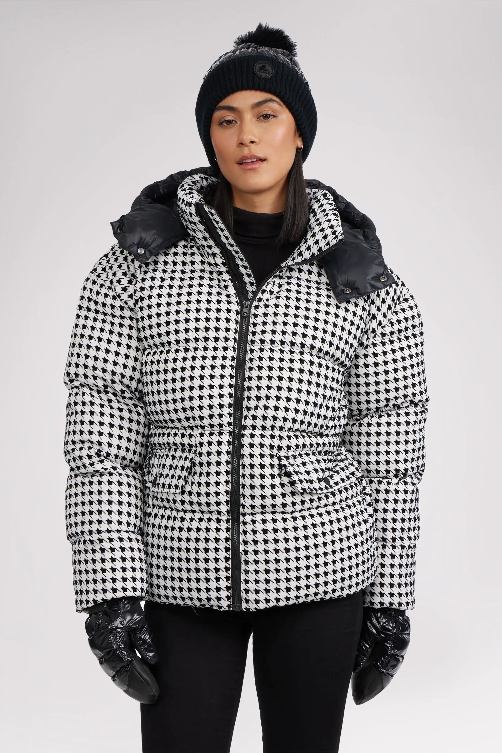 Ascella Women's Boxy Fit Houndstooth Short Puffer Jacket