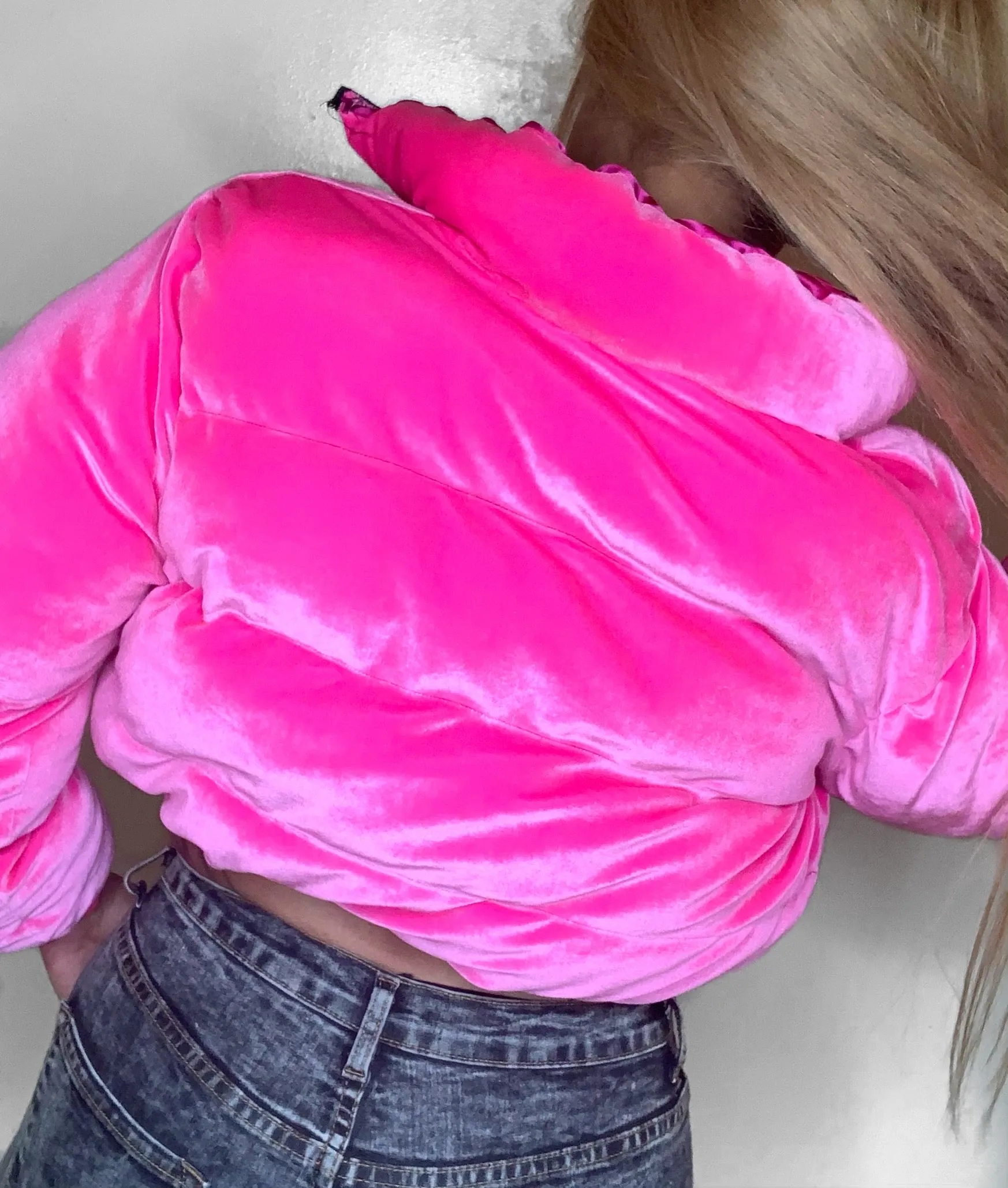 BARBIE. Hot Pink Velvet Puffer Jacket