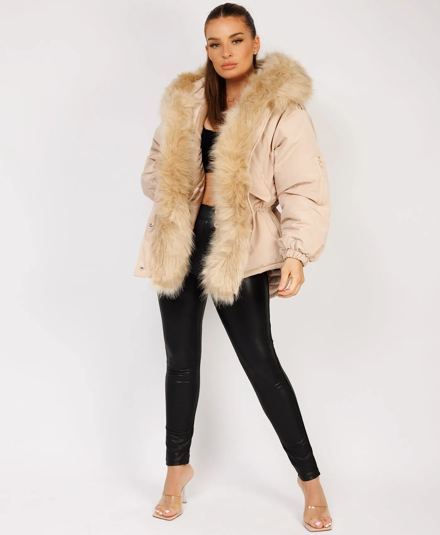 Beige Faux Fur Trim Oversized Hooded Jacket