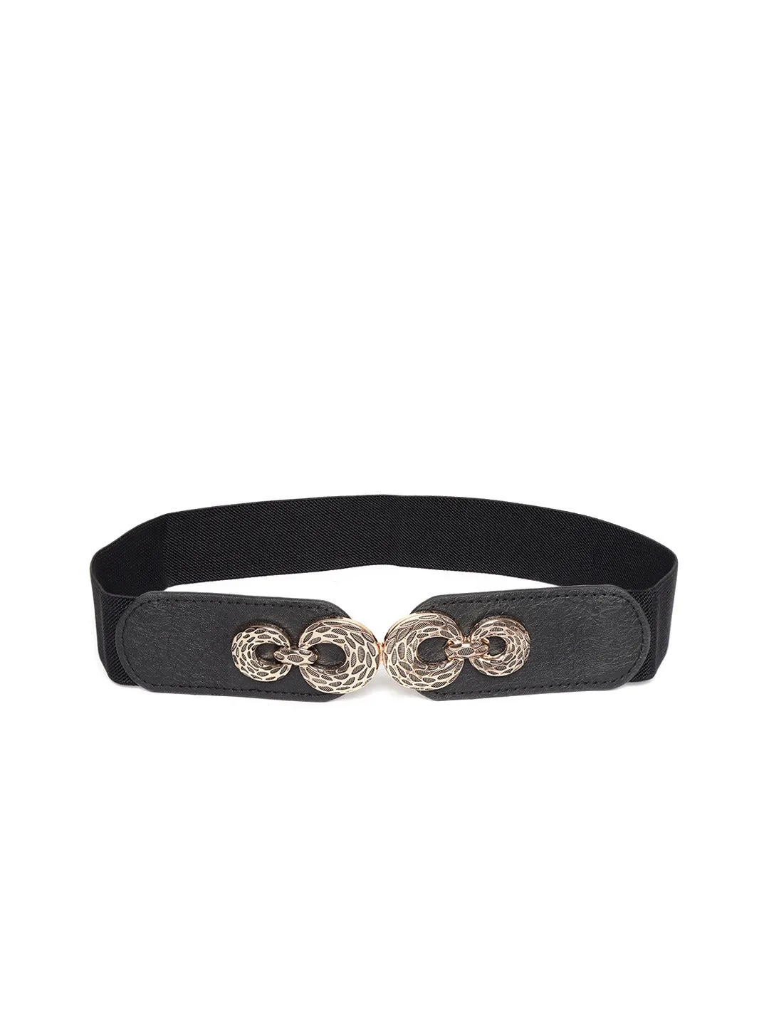 Berrylush Women Black Elastic Strap Golden Double Buckle Belt