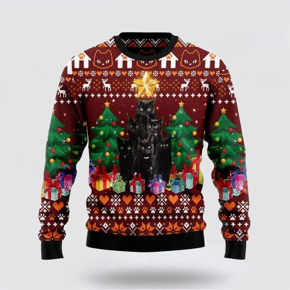 Black Cat Pine Tree Ugly Christmas Sweater For Men And Women, Best Gift For Christmas, Christmas Fashion Winter