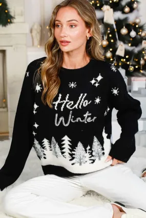 Black Hello Winter Tree Sequin Detail Sweater