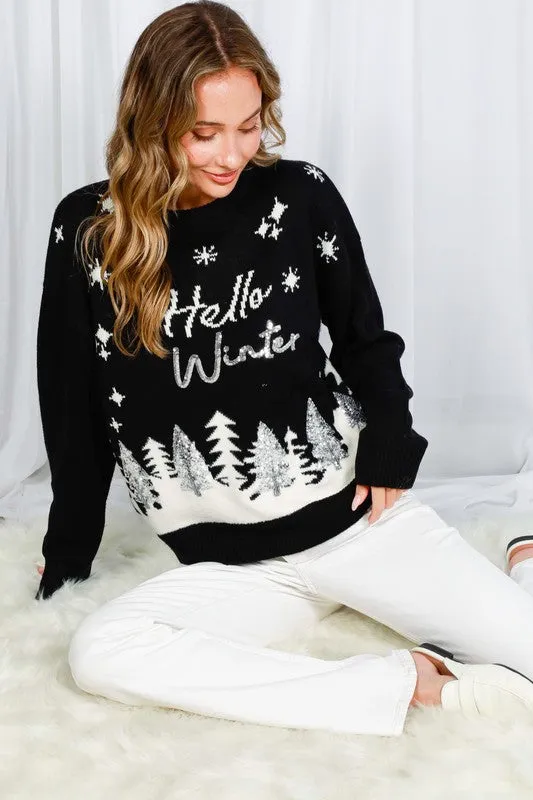 Black Hello Winter Tree Sequin Detail Sweater