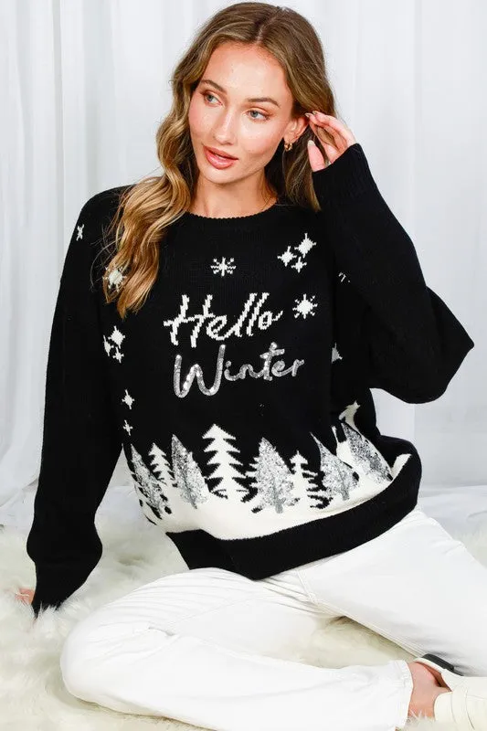 Black Hello Winter Tree Sequin Detail Sweater