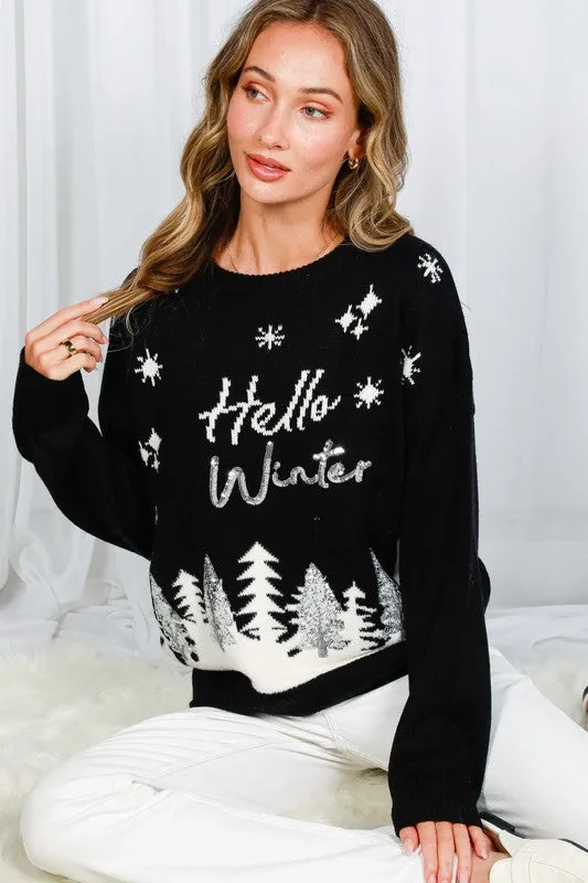 Black Hello Winter Tree Sequin Detail Sweater