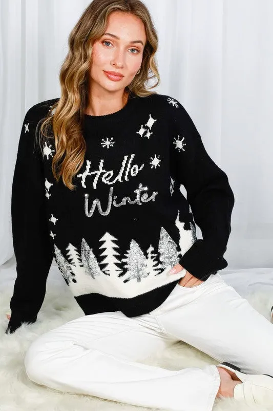 Black Hello Winter Tree Sequin Detail Sweater