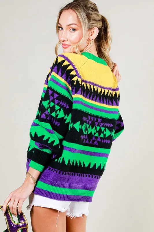 Black Multi Contrast Color Detail Mardigras Sweater Top