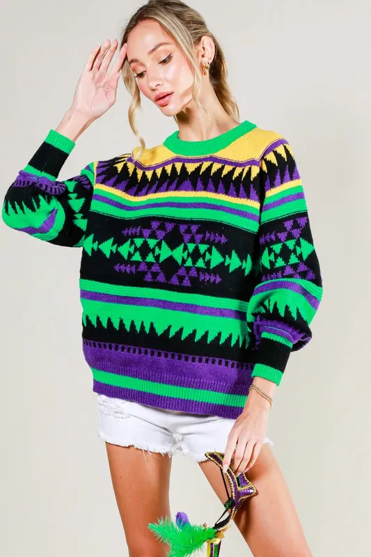 Black Multi Contrast Color Detail Mardigras Sweater Top