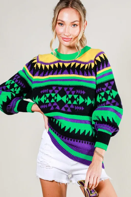 Black Multi Contrast Color Detail Mardigras Sweater Top