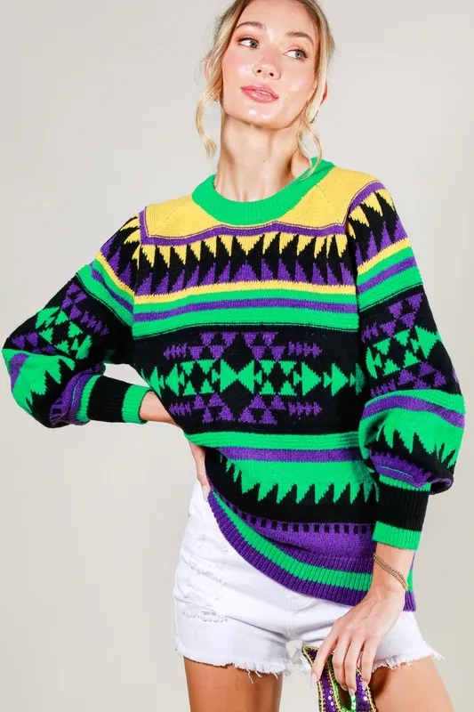 Black Multi Contrast Color Detail Mardigras Sweater Top