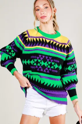 Black Multi Contrast Color Detail Mardigras Sweater Top