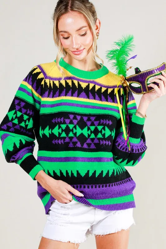 Black Multi Contrast Color Detail Mardigras Sweater Top