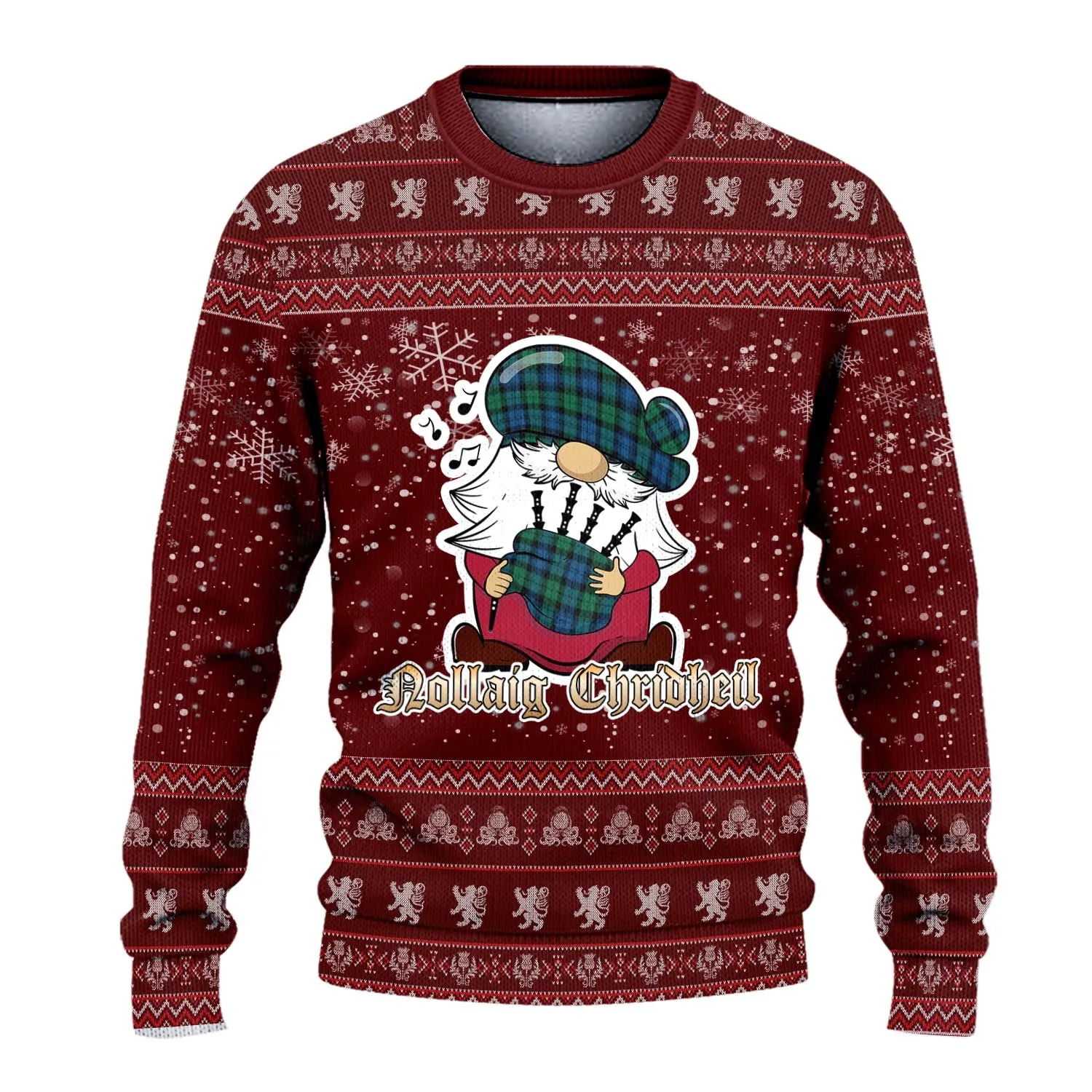 Black Watch Ancient Clan Christmas Family Ugly Sweater with Funny Gnome Playing Bagpipes