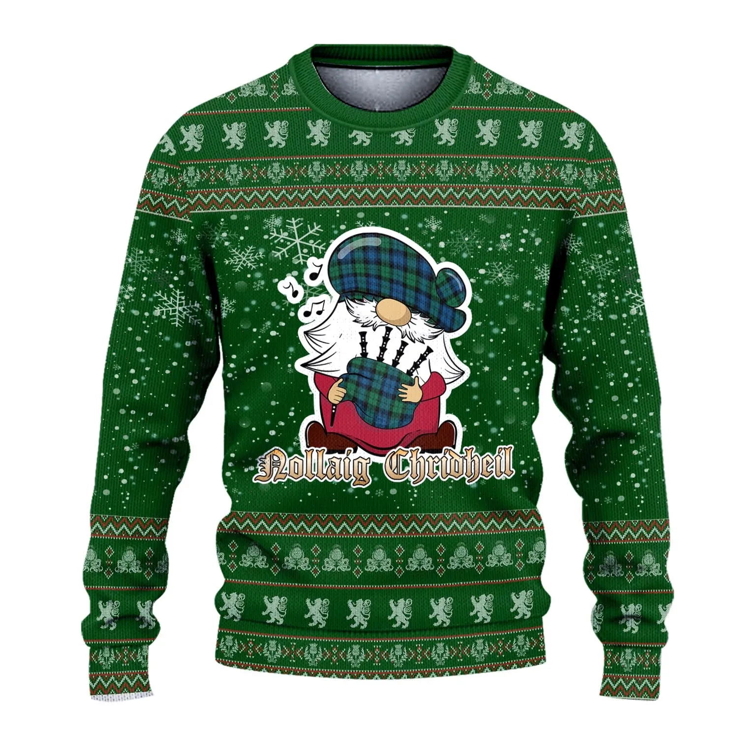 Black Watch Ancient Clan Christmas Family Ugly Sweater with Funny Gnome Playing Bagpipes