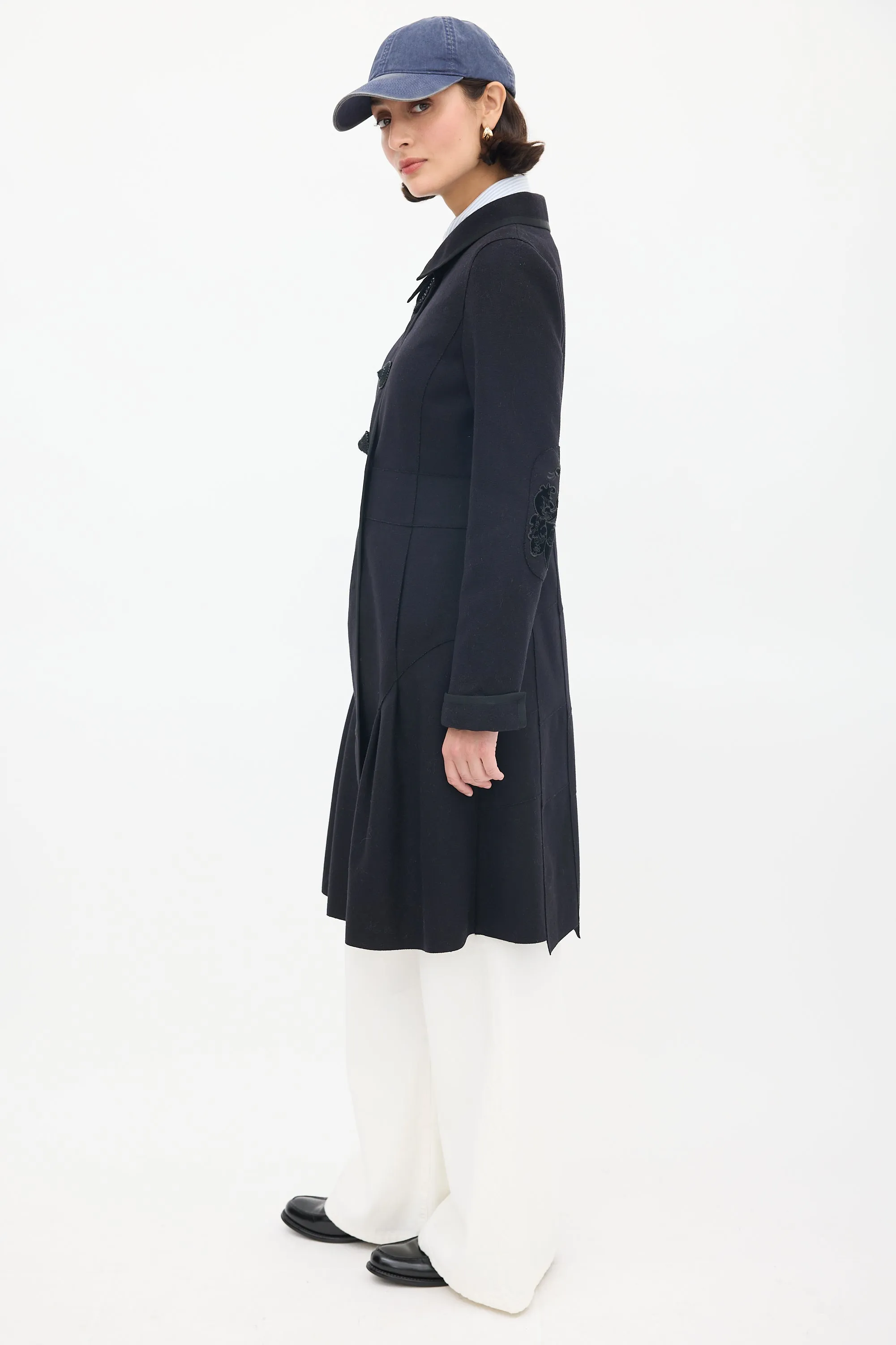 Black Wool Mid Length Embellished Coat