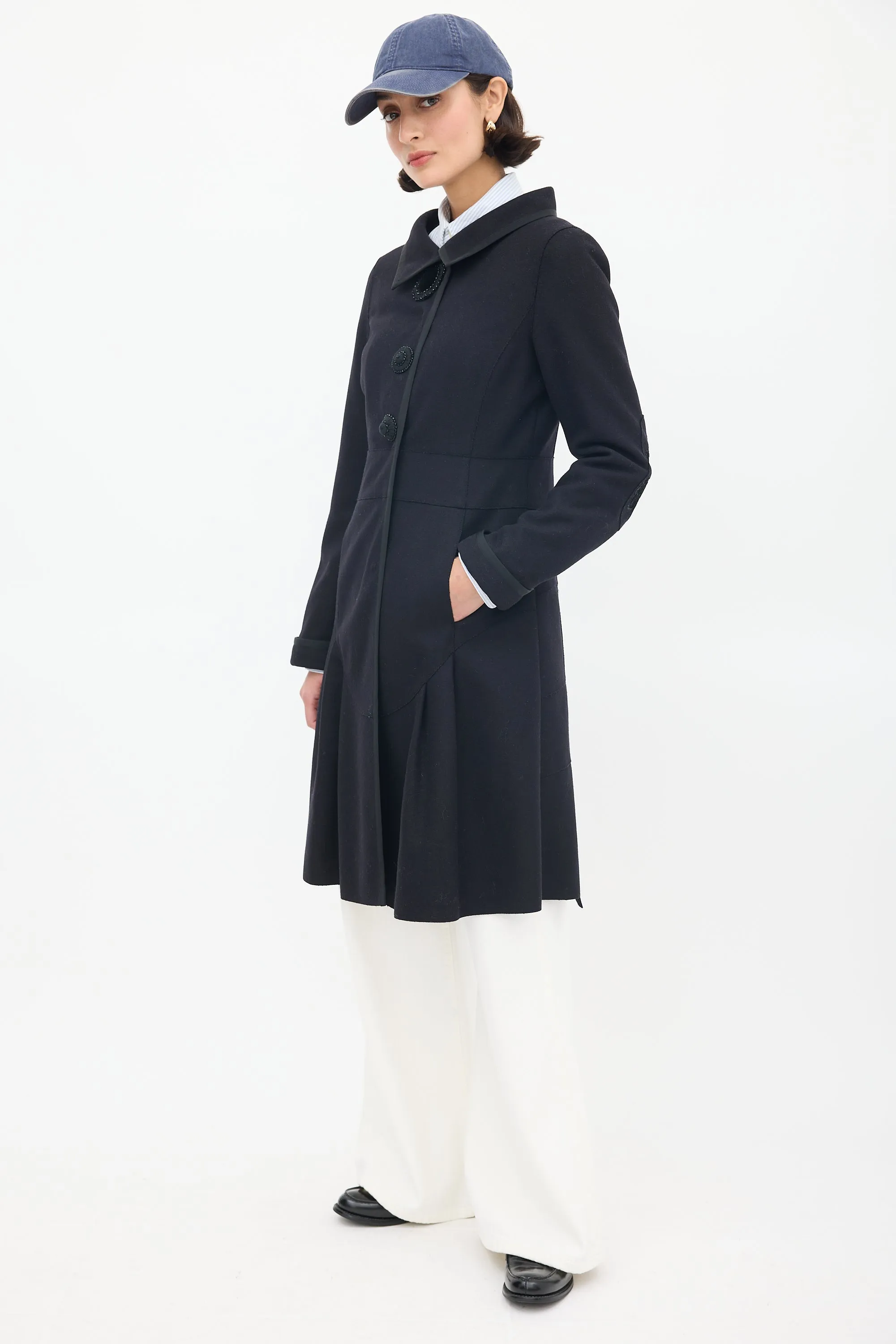 Black Wool Mid Length Embellished Coat