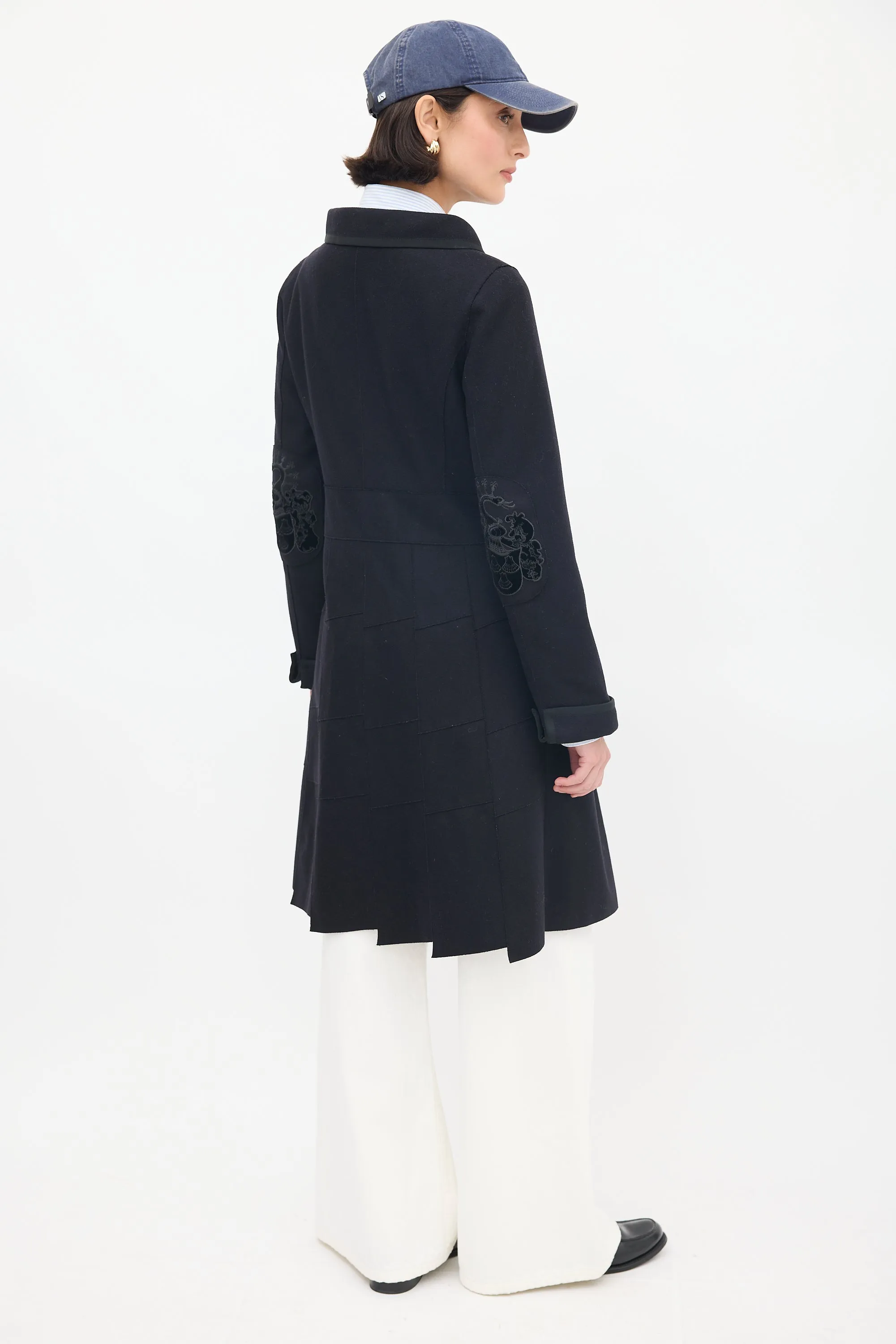 Black Wool Mid Length Embellished Coat